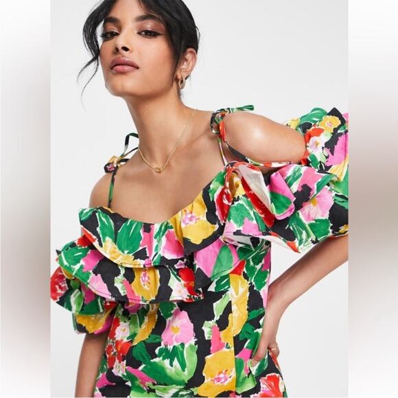 NWOT Topshop Spanish Bloom Floral Ruffle Cold Shoulder Bardot Dress - Sz 4 - Picture 2 of 8